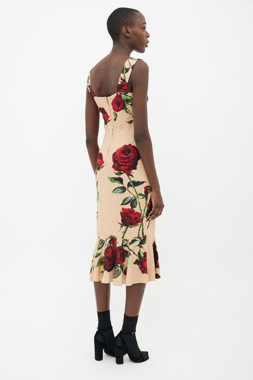 Dolce 
Gabbana Beige 
Red Rose Print Strap Dress