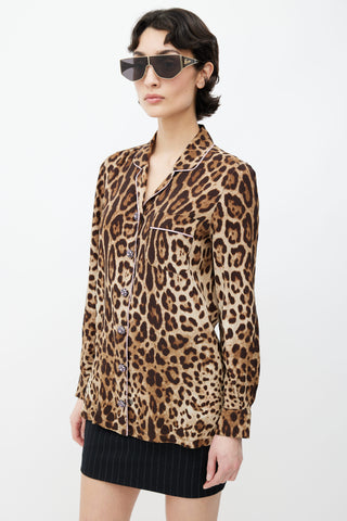 Dolce 
Gabbana Brown Silk Print Gem Button Shirt