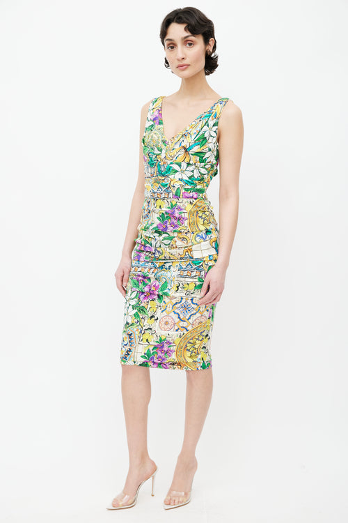 Dolce 
Gabbana Multicolour Floral Ruched V-Neck Dress