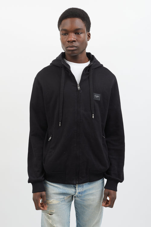 Dolce 
Gabbana Black Full-Zip Logo Patch Hoodie