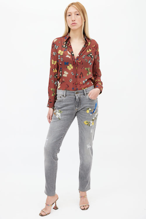 Dolce 
Gabbana Washed Grey Embroidered Distressed Jeans