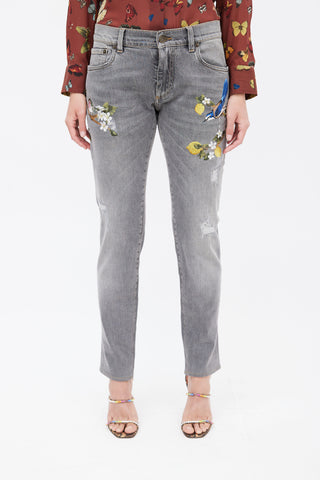 Dolce 
Gabbana Washed Grey Embroidered Distressed Jeans