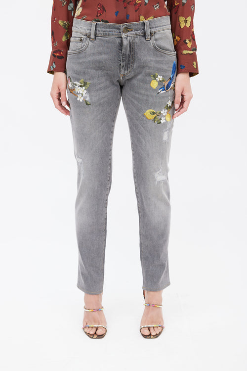 Dolce 
Gabbana Washed Grey Embroidered Distressed Jeans