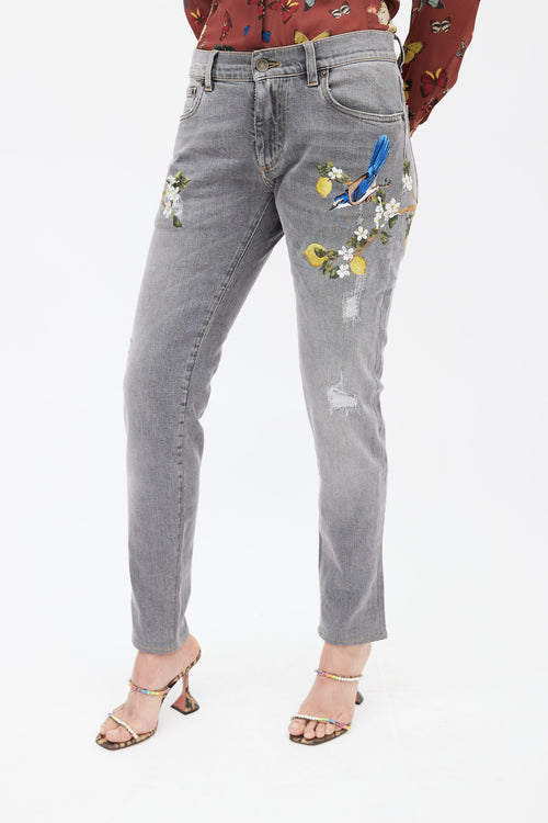 Dolce 
Gabbana Washed Grey Embroidered Distressed Jeans