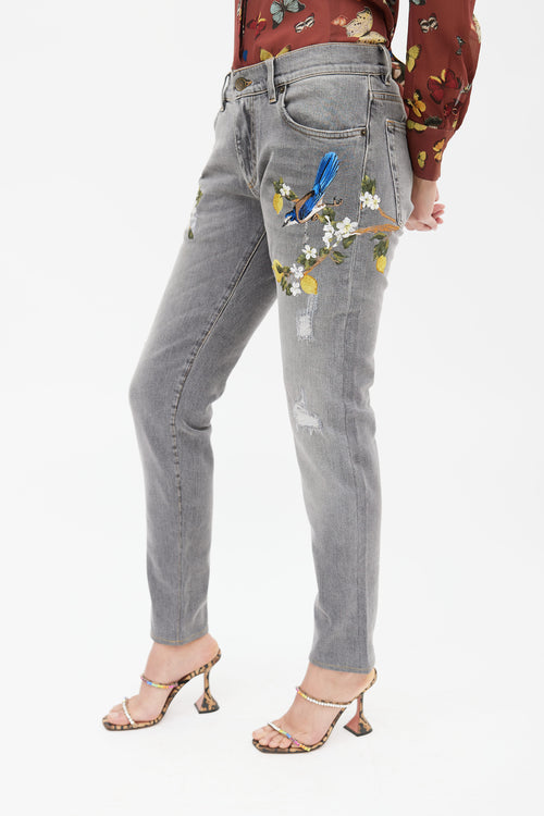 Dolce 
Gabbana Washed Grey Embroidered Distressed Jeans