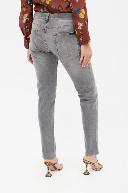 Dolce 
Gabbana Washed Grey Embroidered Distressed Jeans