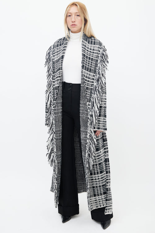 Dorothee Schumacher Black 
White Tweed Fringe Belted Coat