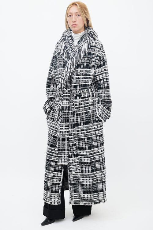 Dorothee Schumacher Black 
White Tweed Fringe Belted Coat