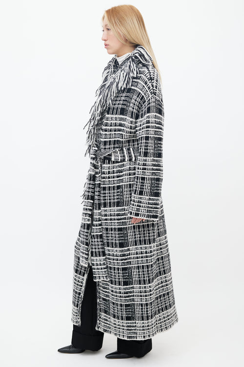 Dorothee Schumacher Black 
White Tweed Fringe Belted Coat