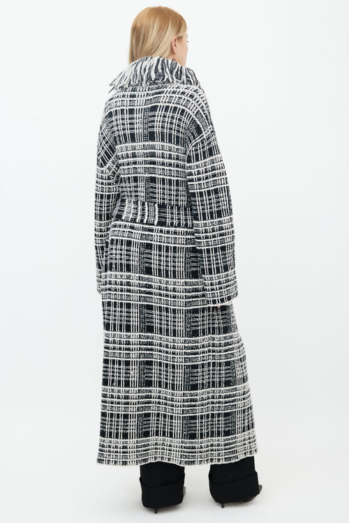 Dorothee Schumacher Black 
White Tweed Fringe Belted Coat