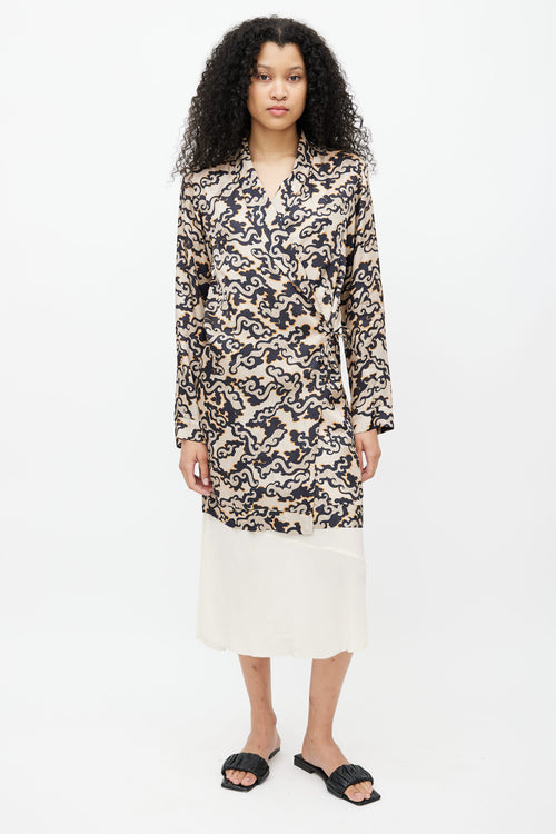 Dries Van Noten Beige 
Navy Print Wrap Dress