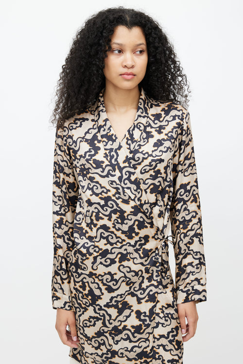 Dries Van Noten Beige 
Navy Print Wrap Dress