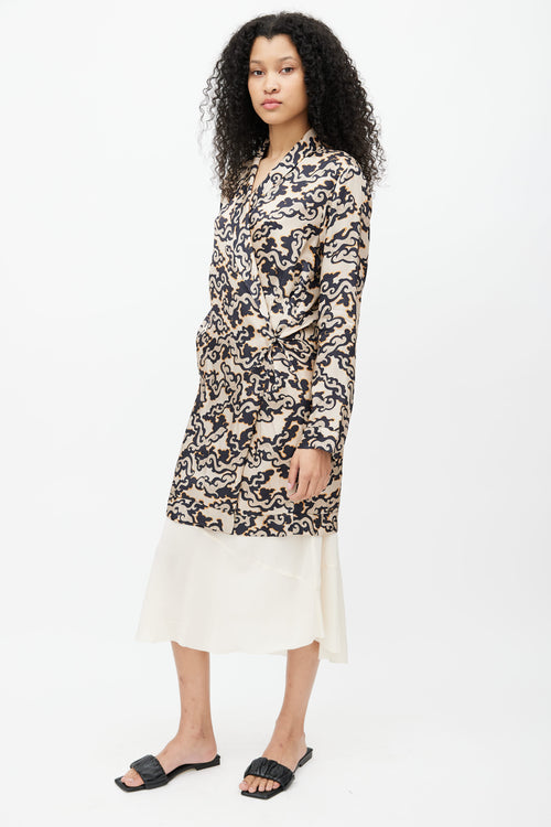 Dries Van Noten Beige 
Navy Print Wrap Dress