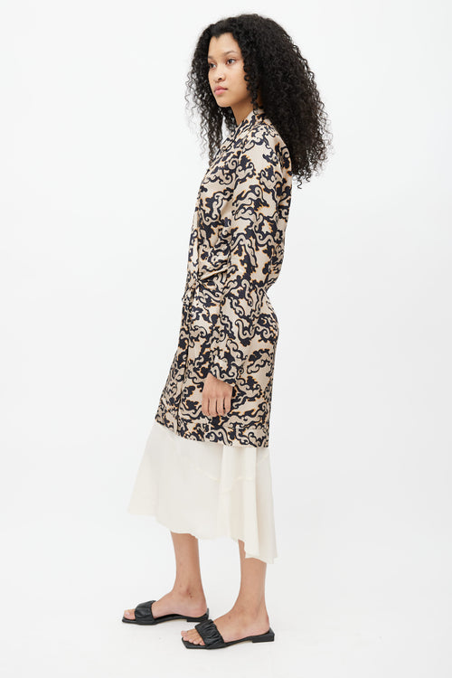 Dries Van Noten Beige 
Navy Print Wrap Dress