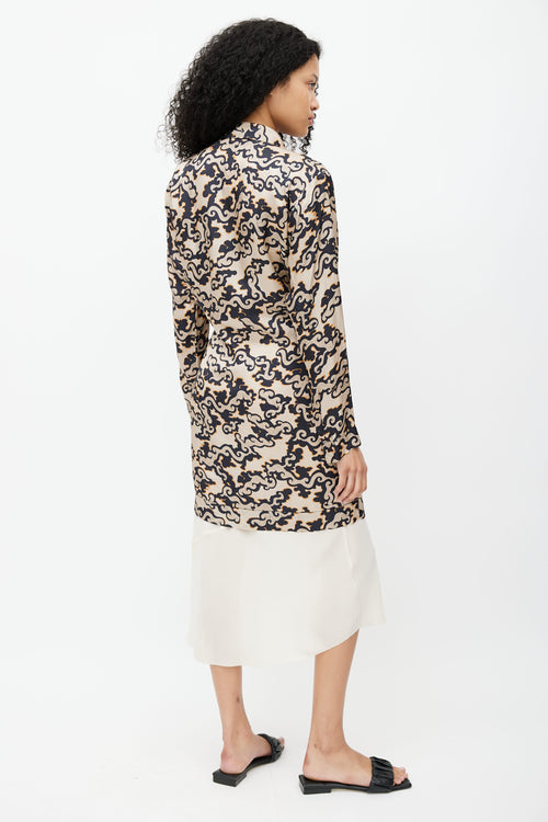 Dries Van Noten Beige 
Navy Print Wrap Dress