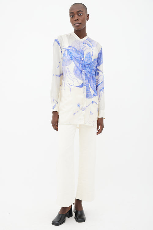 Dries Van Noten Blue 
White Silk Printed Shirt