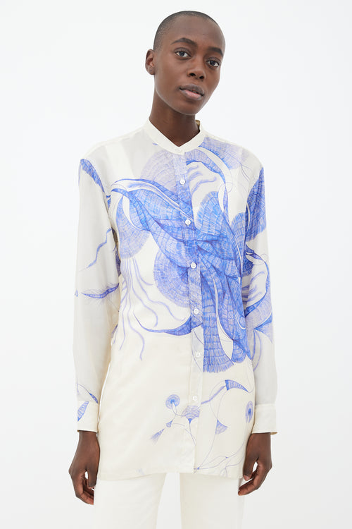 Dries Van Noten Blue 
White Silk Printed Shirt