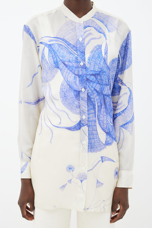 Dries Van Noten Blue 
White Silk Printed Shirt