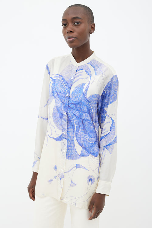 Dries Van Noten Blue 
White Silk Printed Shirt