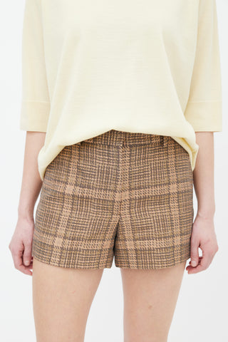 Dries Van Noten Brown Cotton 
Linen Plaid Pattern Mini Short