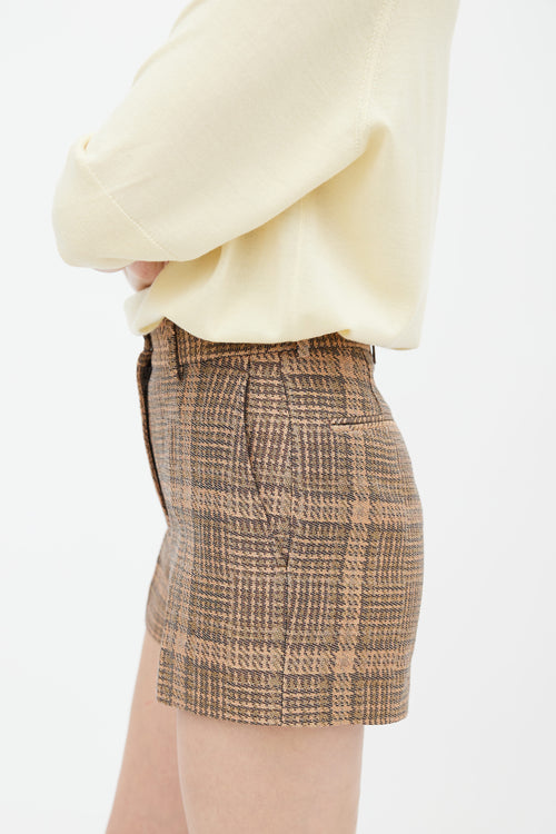 Dries Van Noten Brown Cotton 
Linen Plaid Pattern Mini Short