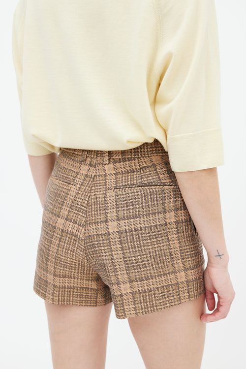 Dries Van Noten Brown Cotton 
Linen Plaid Pattern Mini Short