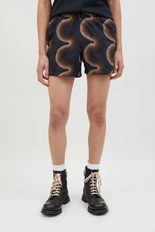 Dries Van Noten Navy 
Brown Graphic Print Short