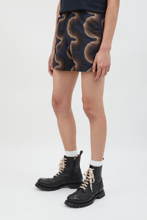 Dries Van Noten Navy 
Brown Graphic Print Short