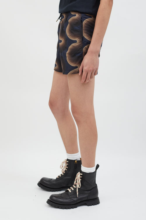 Dries Van Noten Navy 
Brown Graphic Print Short