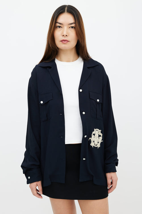 Dries Van Noten Navy 
Cream Embroidered Two Pocket Shirt