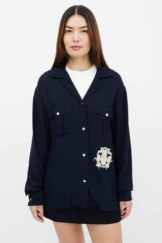 Dries Van Noten Navy 
Cream Embroidered Two Pocket Shirt