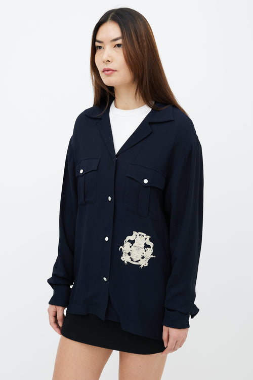 Dries Van Noten Navy 
Cream Embroidered Two Pocket Shirt