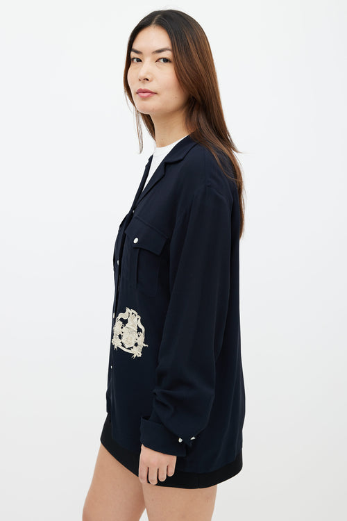 Dries Van Noten Navy 
Cream Embroidered Two Pocket Shirt