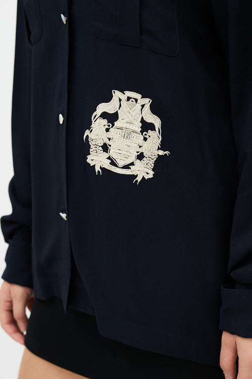 Dries Van Noten Navy 
Cream Embroidered Two Pocket Shirt