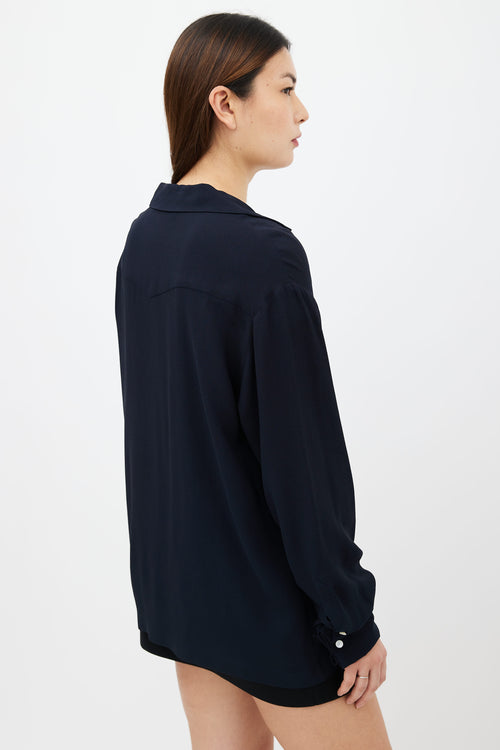 Dries Van Noten Navy 
Cream Embroidered Two Pocket Shirt