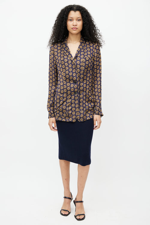 Dries Van Noten Navy 
Gold Jacquard Floral Lightweight Blazer