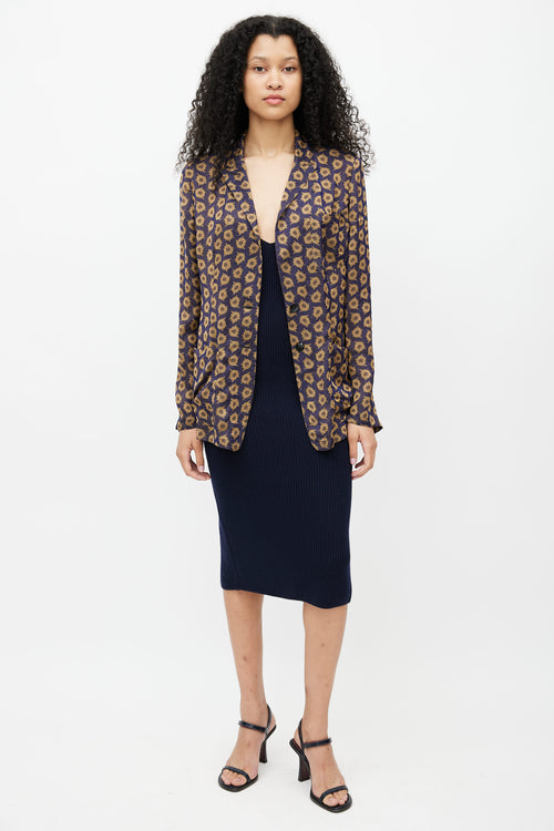 Dries Van Noten Navy 
Gold Jacquard Floral Lightweight Blazer