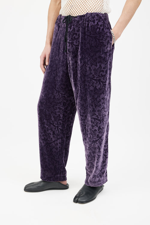 Dries Van Noten Purple Velvet Paisley Pattern Pant