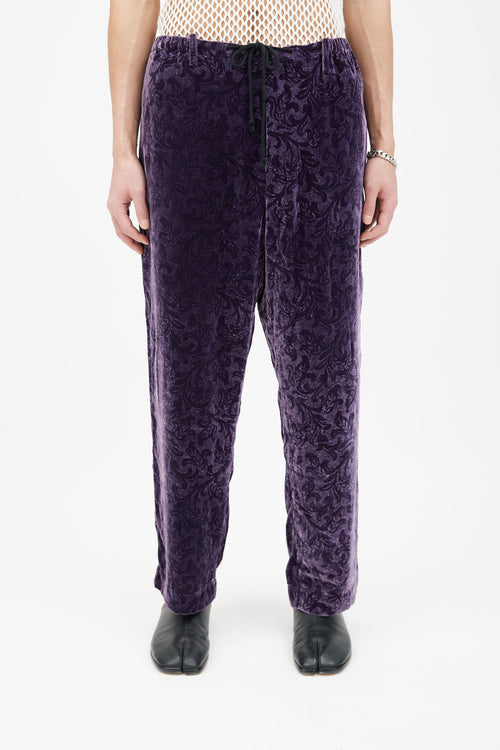 Dries Van Noten Purple Velvet Paisley Pattern Pant