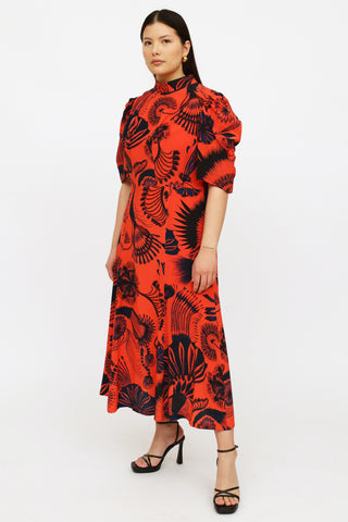 Dries Van Noten Red 
Navy Floral Print Dress