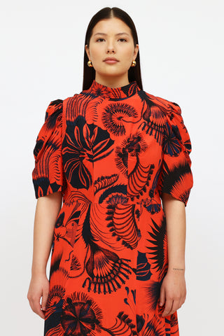 Dries Van Noten Red 
Navy Floral Print Dress