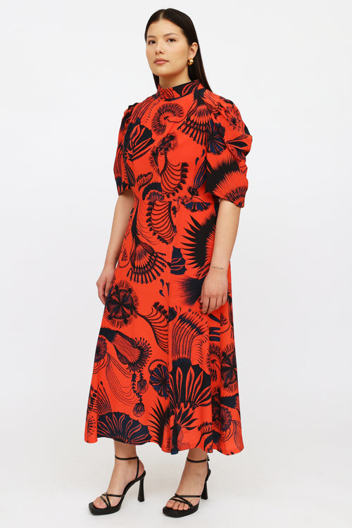 Dries Van Noten Red 
Navy Floral Print Dress