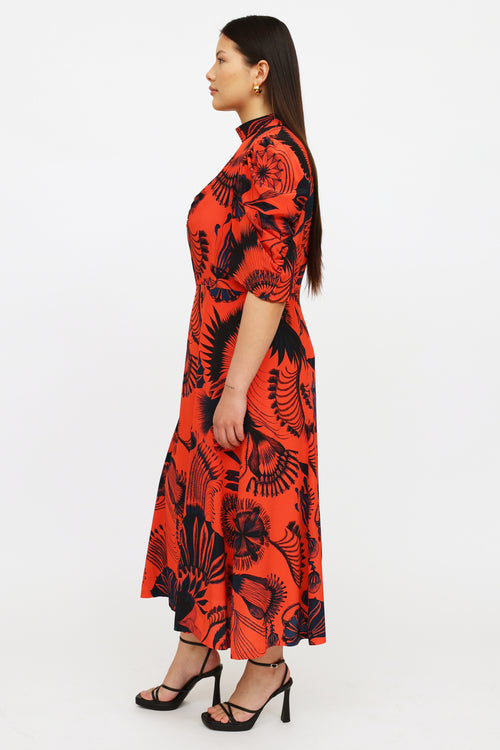 Dries Van Noten Red 
Navy Floral Print Dress