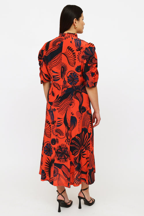 Dries Van Noten Red 
Navy Floral Print Dress