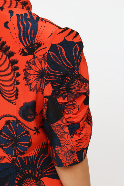 Dries Van Noten Red 
Navy Floral Print Dress