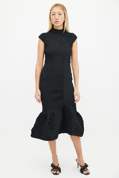 Dries Van Noten Black Smocked High Mock Neckline Mermaid Dress