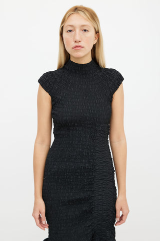 Dries Van Noten Black Smocked High Mock Neckline Mermaid Dress