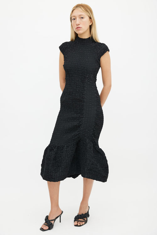 Dries Van Noten Black Smocked High Mock Neckline Mermaid Dress