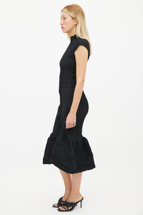 Dries Van Noten Black Smocked High Mock Neckline Mermaid Dress