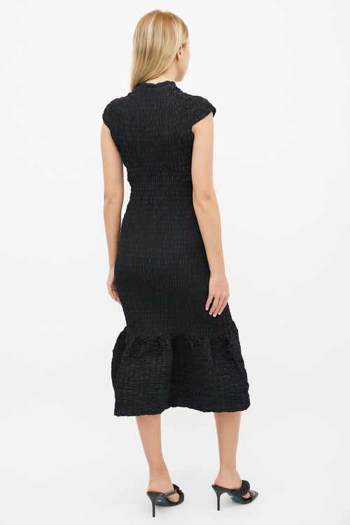 Dries Van Noten Black Smocked High Mock Neckline Mermaid Dress